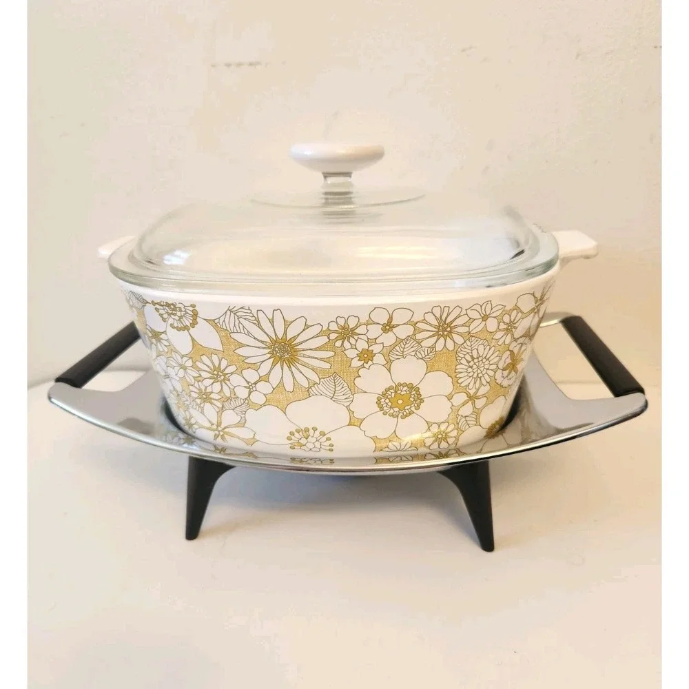 Vtg Corning Ware 1st Floral Bouquet Casserole With MCM Warmer P 2 1/2 B Qt RARE